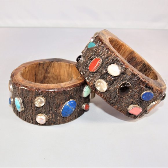 X-Wide Vintage Wooden “Bark” Bangle with Silver Inset Semi-Precious Stones (2) - Picture 5 of 5